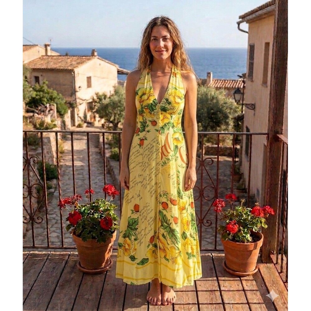 Urban Outfitters Women's Tropical Sleeveless Dress Viscose Yellow Size XS